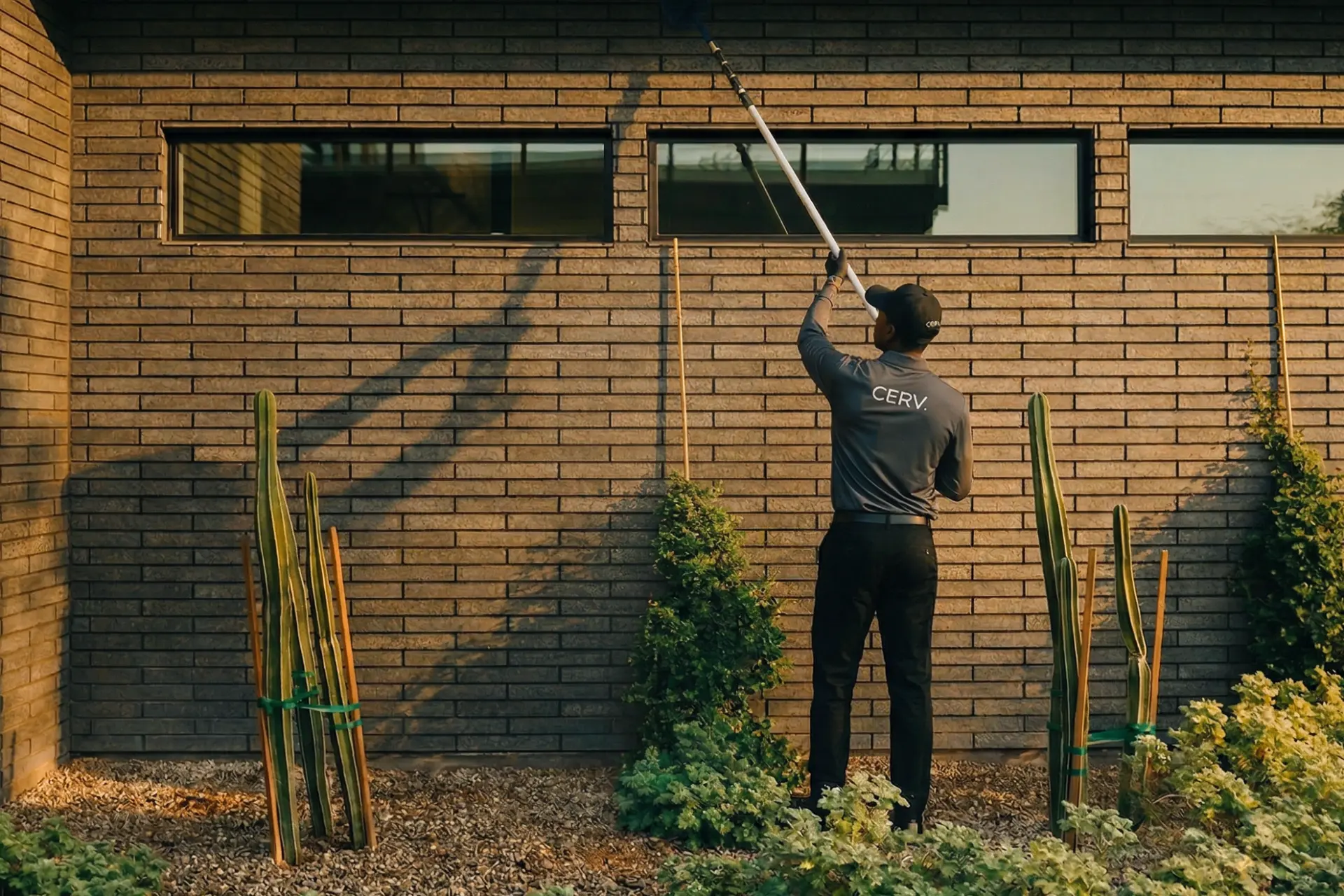 Cerv technician servicing the exterior wall of a brick home